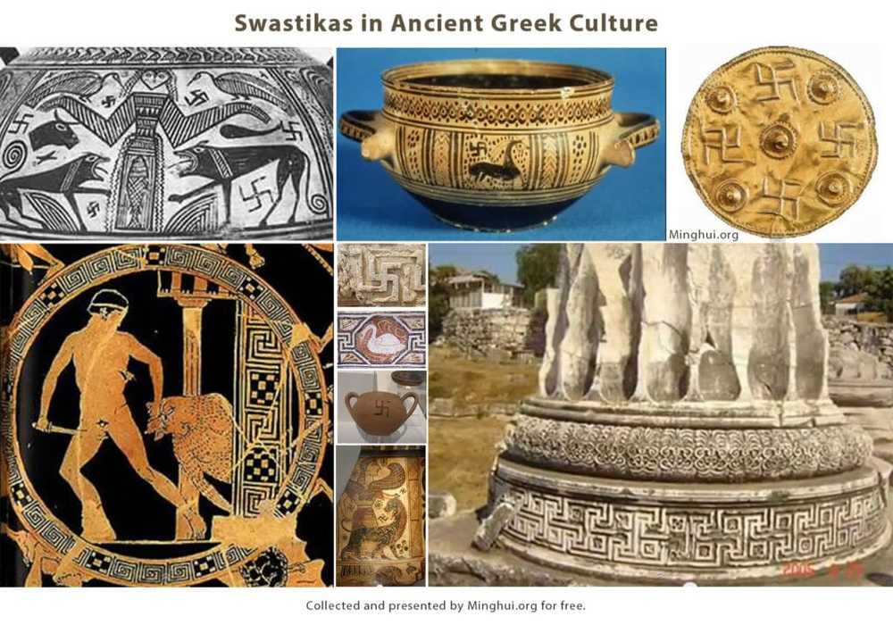 Slika prikazuje primere uporabe svastik v starogrški arhitekturi, lončarstvu, freskah in še več.